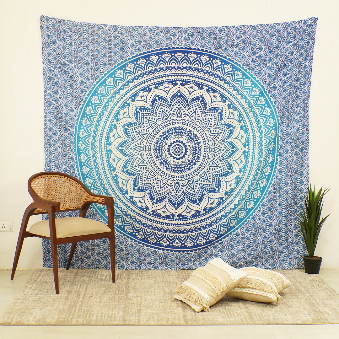 Blue Ombre Hippie Mandala Wall Décor Tapestry Bohemian Indian Art Twin
