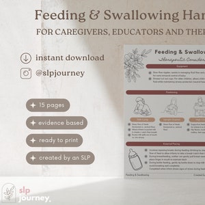 Puede incluir: Un folleto imprimible para cuidadores, educadores y terapeutas sobre la alimentación y la deglución. El folleto incluye ilustraciones y texto sobre consideraciones terapéuticas, equipo, posicionamiento y ritmo externo. El folleto está creado por SLP Journey.