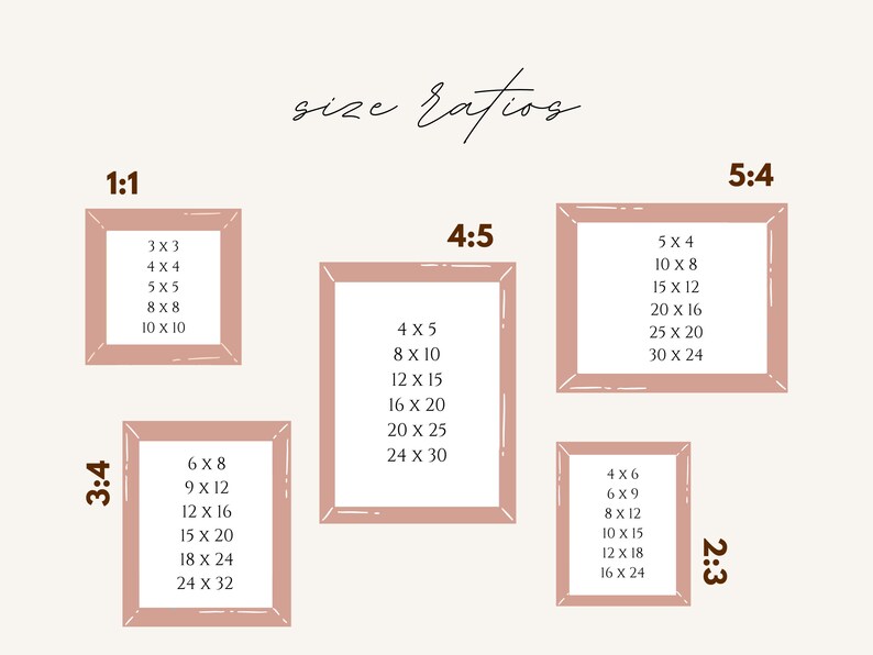May include: A graphic showing different size ratios for prints, with examples of common print sizes in inches. The ratios are 1:1, 3:4, 4:5, 2:3, and 5:4.