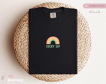 Lucky SLP St Patricks Day Rainbow Clover Shirt | Comfort Colors Shirt, Cute Pediatric SLP Gift, Size S-4XL