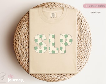 St Patricks Day Speech Therapy Green Clover Letters Shirt | Comfort Colors Shirt, Cute Pediatric SLP Gift, Size S-4XL