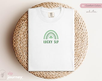 Lucky SLP St Patricks Day Green Rainbow Clover Shirt | Comfort Colors Shirt, Cute Pediatric SLP Gift, Size S-4XL