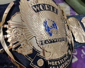Winged Eagle heavyweight wrestling championship belt, 4mm zinc, 24k gold plated.Cnc Hd Engraved,hand tooled leather