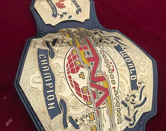 TNA World Heavyweight wrestling championship belt, 4mm zinc, Gold plated. Real leather strap. adult size