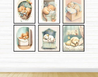 6 downloadable sheets, 3 kittens and 3 puppies sleeping, especially for children's bedrooms.
