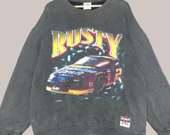 Rare Distressed Vintage 90s XL Rusty Wallace NASCAR Racing Motorsport Sweatshirt Nascar Pullover Nascar Sweater Printed Logo Black Colour XL