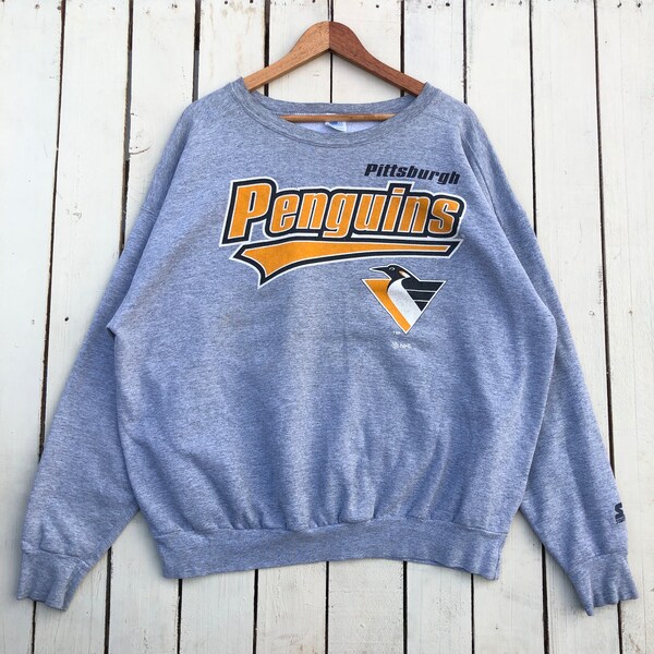 RARE Vintage 90s NHL Pittsburgh Penguins Hockey Ice  Sweatshirt By Starter Penguins Pullover Print Logo Gray Men's XXL