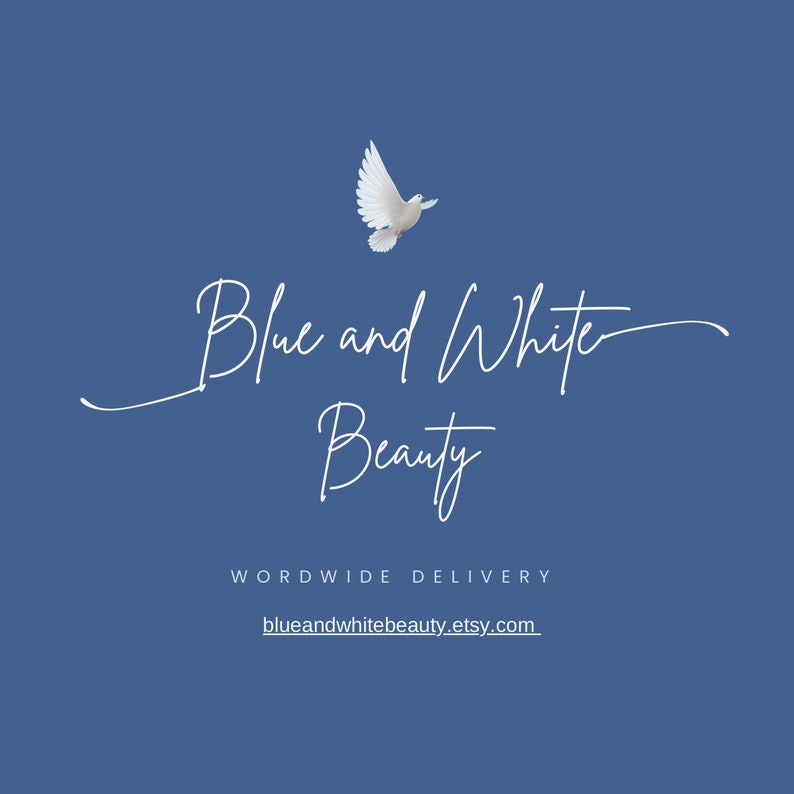 May include: Blue and White Beauty logo featuring a white dove soaring above the text. The text is in a cursive font and reads "Blue and White Beauty" with the words "WORLDWIDE DELIVERY" and the website "blueandwhitebeauty.etsy.com" underneath.