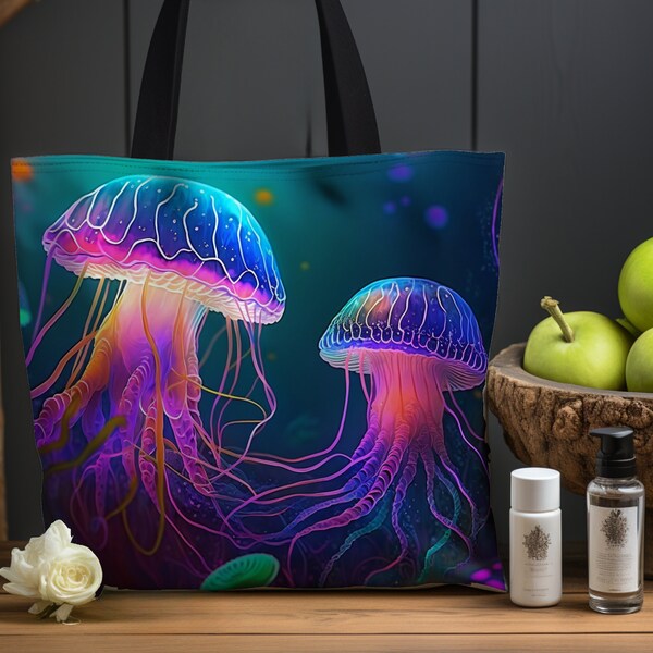 Jellyfish Weekender Bag, Neon graphic medusa Beach Bag, Underwater Carry Bag, Swimming lovers Gift, Travel Tote Bag Gift for Her