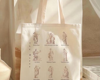 9 Muses Natural Cotton Canvas Tote Bag, Nine Muses Statues Cotton Fabric Shoulder Bag, Greek Mythology Gift