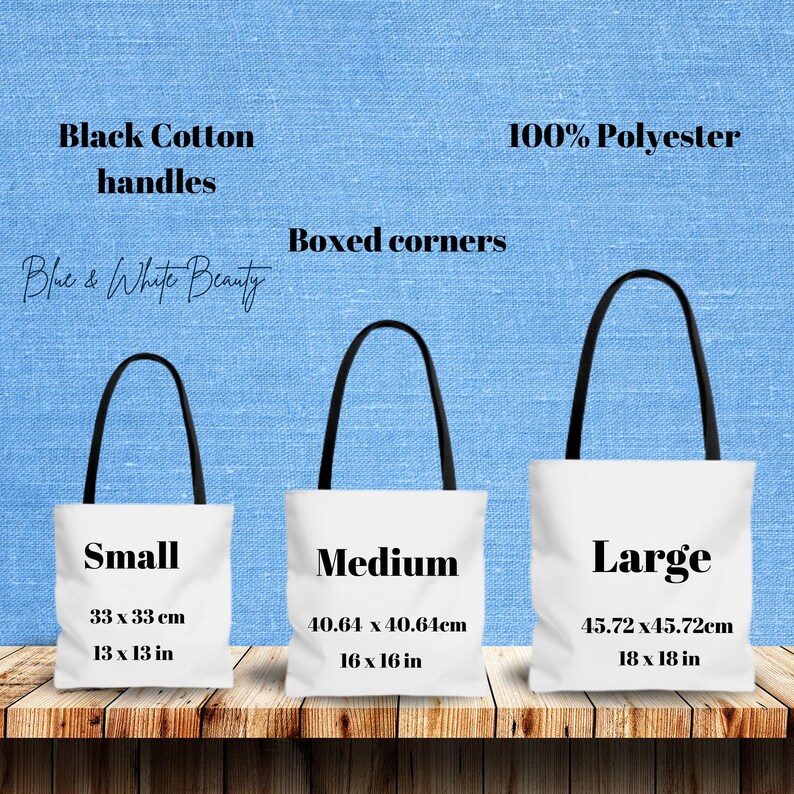 May include: Three white tote bags with black handles and boxed corners. The bags are labelled "Small", "Medium", and "Large" with measurements in inches and centimetres. The bags are made from 100% polyester with black cotton handles.