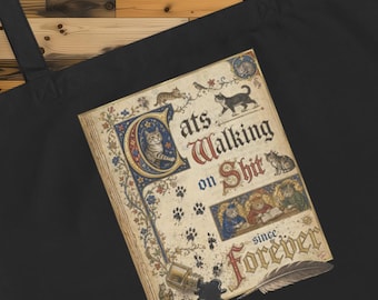 Medieval Manuscript Cat Art Tote Bag, Organic Cotton, Funny Cat Lover Gift
