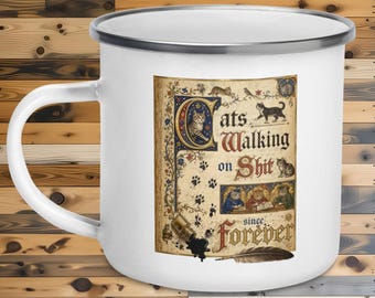 Funny Cat Enamel Mug, Medieval Manuscript Art, 12 oz Camp Mug