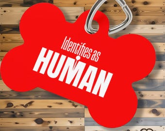 Identifies as Human Bone Pet ID Tag, Red Aluminum Pet Accessory
