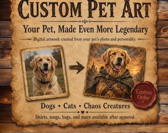 Custom Pet Portrait Digital Art, Legendary Dog Cat Artwork (Digital Download)