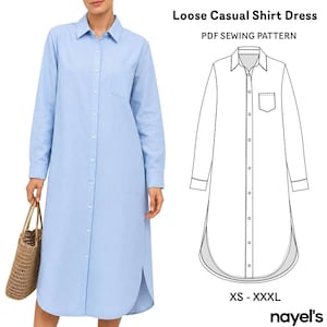 Op de afbeelding: Een lichtblauwe overhemdjurk met lange mouwen, een kraag, een knoopsluiting aan de voorzijde en een borstzak. Daarnaast staat een zwart-witte lijntekening met het label Loose Casual Shirt Dress PDF SEWING PATTERN XS - XXXL en de merknaam nayel's.