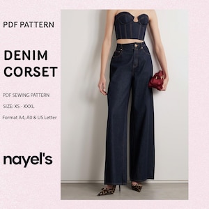 May include: A dark denim corset and wide-leg trousers outfit. The image shows a structured corset top and high-waisted trousers. The text "PDF PATTERN DENIM CORSET" and "nayel's" are also visible.