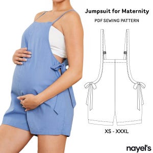 May include: A blue maternity jumpsuit with thin shoulder straps and side tie closures. The image includes a technical line drawing of the garment and the text: Jumpsuit for Maternity, PDF SEWING PATTERN, XS - XXXL, and nayel's.