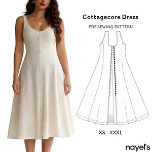 Patrón de costura para vestido cottagecore / Patrón de vestido midi para mujer / Vestido de verano sin mangas con cuello en V (PDF) / Vestido abotonado de corte A con espalda abierta
