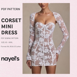 Può includere: Un miniabito a corsetto bianco con ricami floreali e maniche lunghe. L'abito trasparente presenta uno scollo a cuore e un corpetto strutturato. Il testo "CORSET MINI DRESS" è visibile nell'immagine.