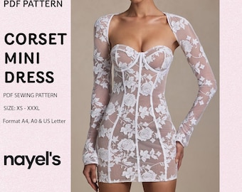 Corset mini dress pattern, corset dress sewing instructions and pattern, mini summer dress pattern for women - PDF download, XS - XXXL
