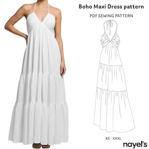 Instrucciones y patrón de costura para vestido largo, patrón de vestido de verano con cuello halter y capas para mujer, vestido de fiesta bohemio sin espalda y con lazo.