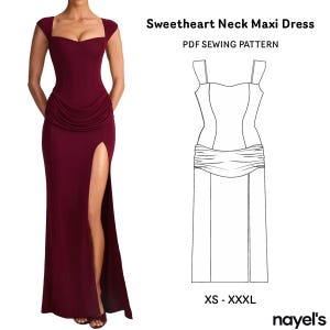 Instruções de costura e molde para vestido maxi com decote coração e cintura drapeada - Margem de costura incluída - Download em PDF, tamanhos do XS ao XXXL