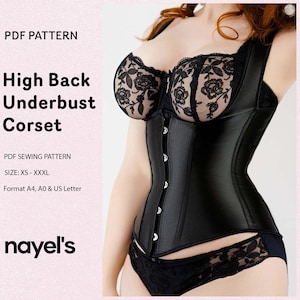 Könnte beinhalten: Ein schwarzes High-Back-Underbust-Korsett mit silberfarbenen Verschlüssen. Dazu ein schwarzer Spitzen-BH und Unterwäsche. Der Text "PDF PATTERN" und "High Back Underbust Corset" ist im Bild enthalten.