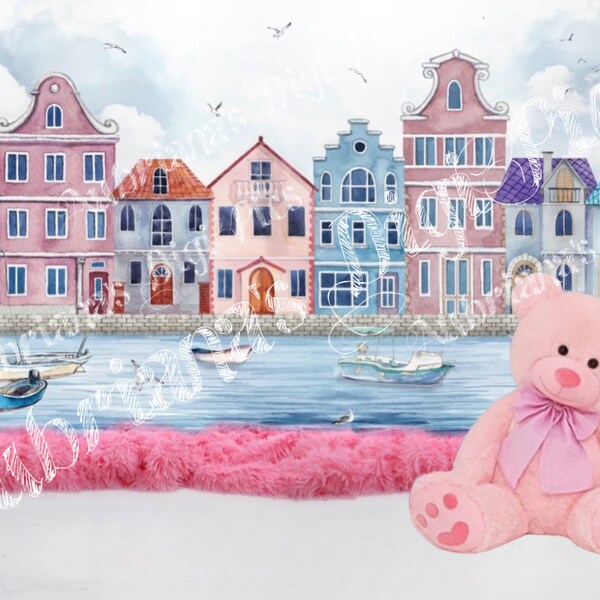 Teddy Bear Sea Town Digital Backdrop