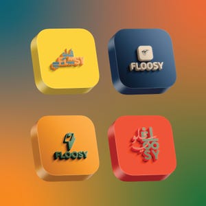May include: Four rounded square icons in yellow, dark blue, orange, and red. Each icon features the text FLOOSY in various stylised fonts and arrangements, with some including additional graphic elements or non-Latin script characters.