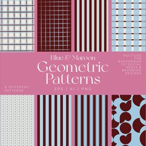 Paquete de patrones geométricos azul y granate / 8 diseños de rayas, cuadros y cuadrículas sin costuras para redes sociales e identidad de marca (EPS, PDF, PNG)