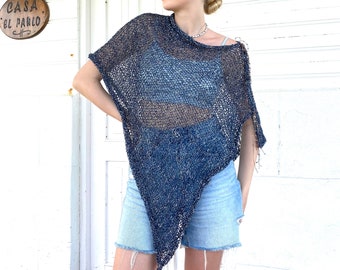 Chal de mezcla de algodón azul denim tejido a mano, chal de boda de tejido abierto, poncho de novia, pareo para boda en la playa, top de verano XS, talla grande 6Xl