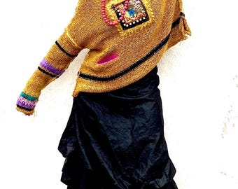 Boxy Funky Yellow Mustard Striped Sweater, Slouchy Vibrant Vintage Knit Plus Size Pullover, 4xl - 6xl Oversized Knitted  Mohair Crochet Top