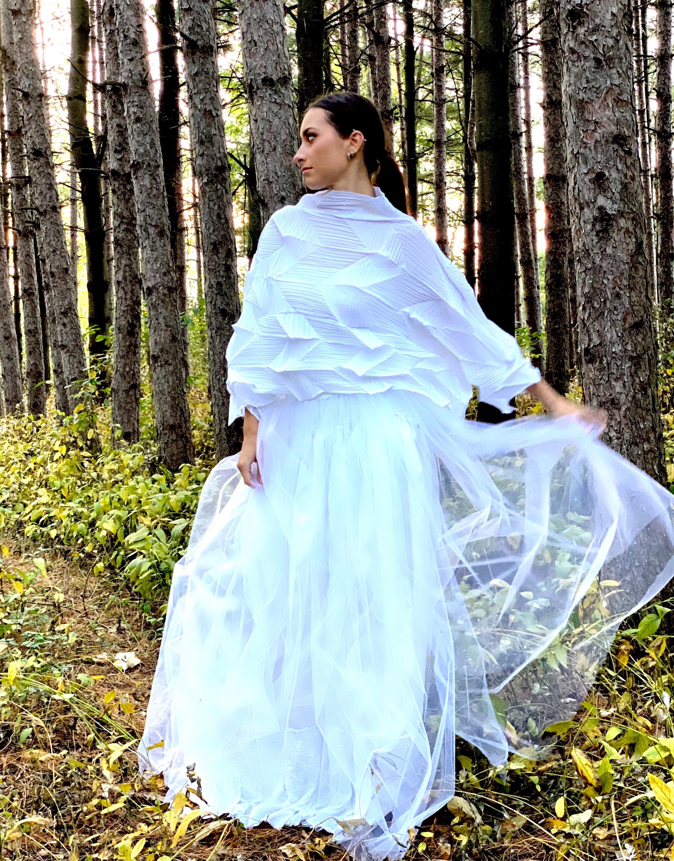 Bridal Plus Size White Issey Miyake Pleats 3D Long Top, Oversized