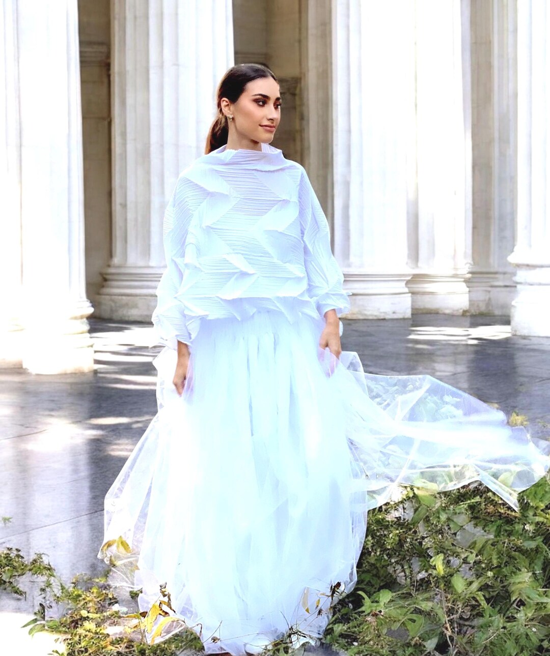 Bridal Plus Size White Issey Miyake Pleats 3D Long Top, Oversized