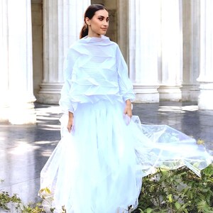 Bridal Plus Size White Issey Miyake Pleats 3D Long Top, Oversized