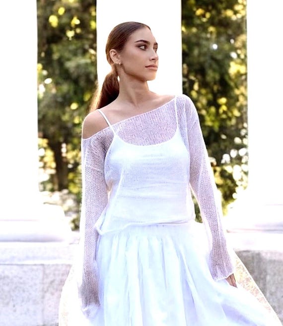 Bridal warm knit meshed White kid mohair open weave sweater, Loose knitted ivory slouchy pullover, light airy see through mesh knitted top,