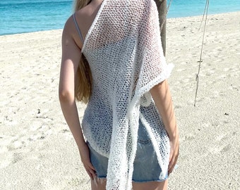 Loose knit bohemian white poncho, cotton sheer wedding wrap, mesh bridal  shrug, Beach wedding cover up, XS summer top 6Xl plus size stole