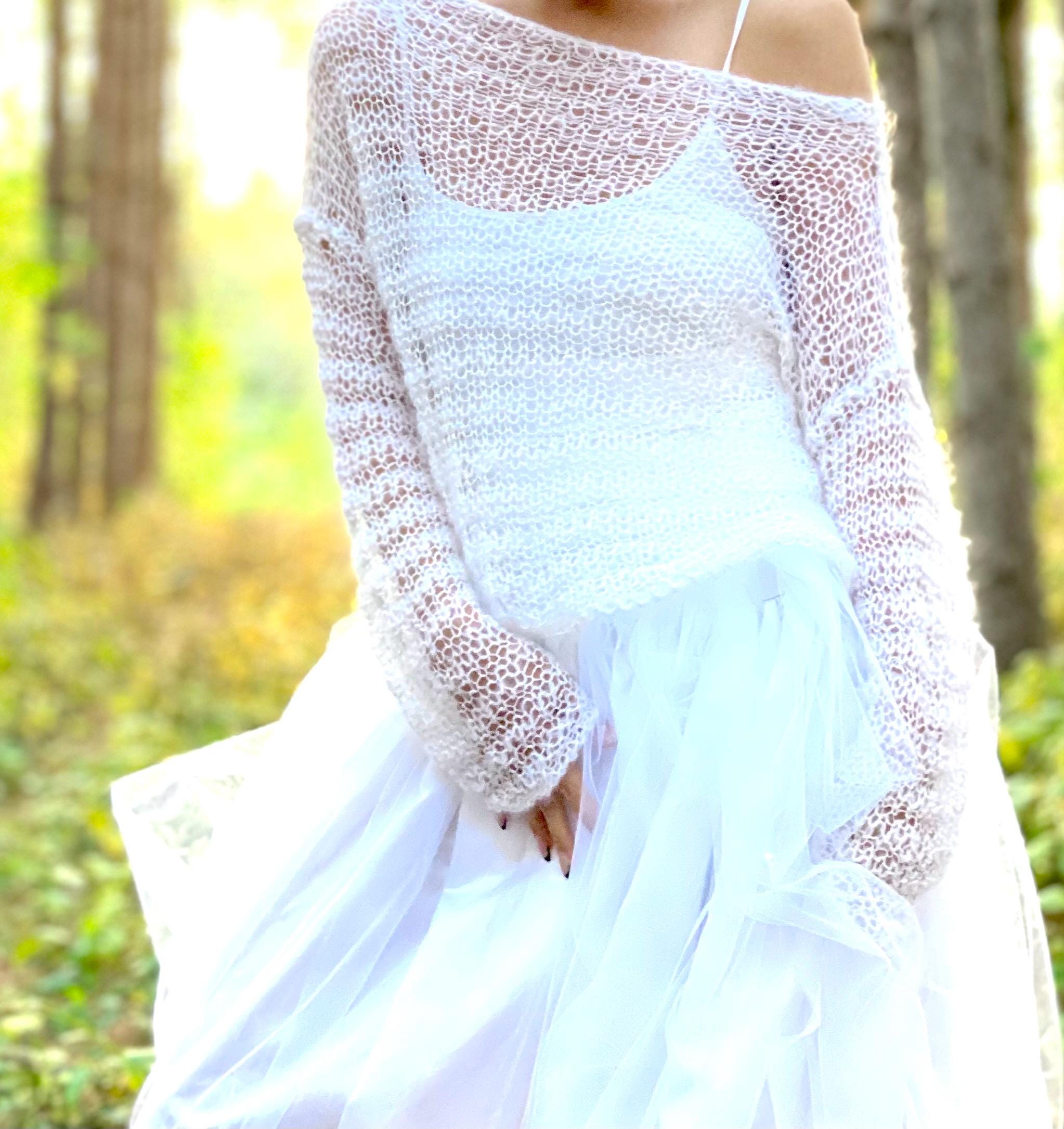 トップス andequal wave design sheer knit white Bridal Sheer Net Knit Mohair Sweater, Open Weave Sheer Minimalist