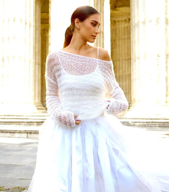 Bridal Sheer Net Knit Mohair Sweater, Open Weave Sheer Minimalist