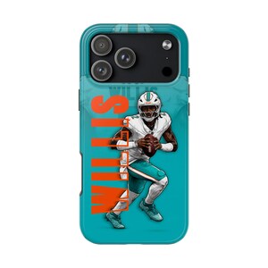 May include: A teal smartphone case featuring a graphic illustration of a football player in a white and teal uniform holding a football. The name WILLIS is printed vertically in large orange letters on the left side of the case.