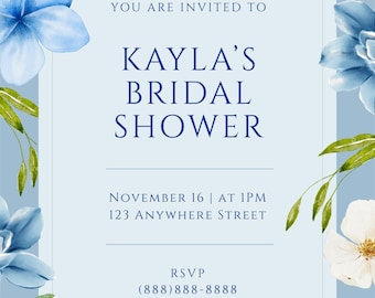 Editable Canva Blue Bridal Shower Invitation