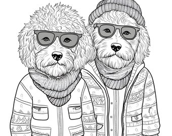 May include: Two doodle dogs wearing winter clothing. The dog on the left is wearing a black and white patterned jacket with a scarf and sunglasses. The dog on the right is wearing a black and white patterned jacket with a beanie and sunglasses.