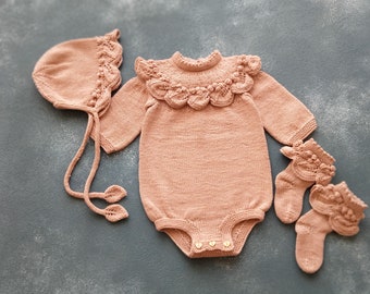Organic Cotton Knitted Baby Set - Long Sleeve Romper - Baby photo prop - Baby Girl Outfit Gift