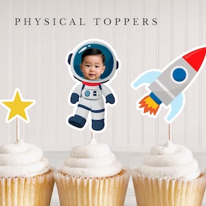 Astronaut Rocket Star Custom Photo Cupcake Toppers, Personalized Baby Face Space Moon Party Decors, Boy Girl Galaxy Party - PRINT + SHIP