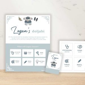 Boy Hanbok Doljabi Bundle, Doljabi Board Sign, Raffle Tickets Jar Tags, Korean 1st Birthday Doljanchi Modern Dohl Printable Instant Download
