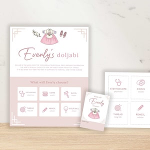Mädchen Hanbok Doljabi Bundle, Doljabi Board Zeichen, Raffle Tickets Jar Tags koreanische 1