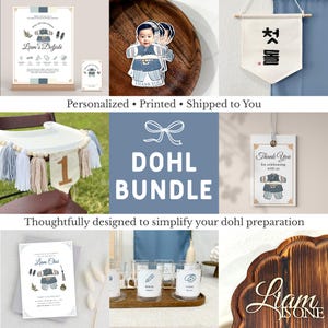May include: A collection of Korean Dohl party supplies, including a banner, stickers, invitations, and a wooden sign. The items feature a traditional Korean outfit design and the text "DOHL BUNDLE".