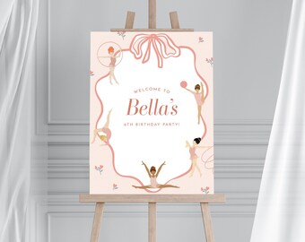 Cartel de bienvenida para fiesta de gimnasia, plantilla de póster para gimnastas, niña con lazo rosa, pancarta imprimible para cumpleaños de pequeñas gimnastas, descarga instantánea
