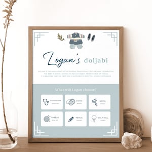 Boy Hanbok Korean First Birthday Board Sign with Icons, Modern Dohl, Doljanchi, Traditional Doljabi Sign Editable Printable Instant Download